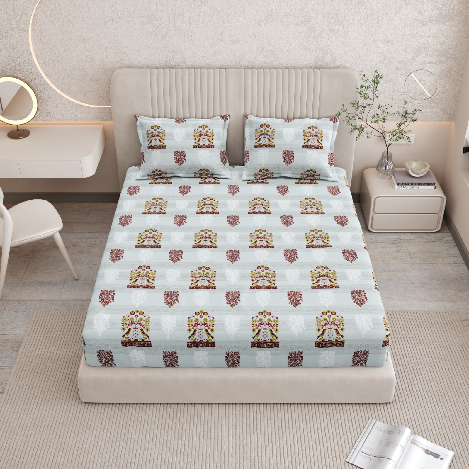 Premium Printed Double Bedsheet with 2 Pillow Covers – Tree & Floral Design